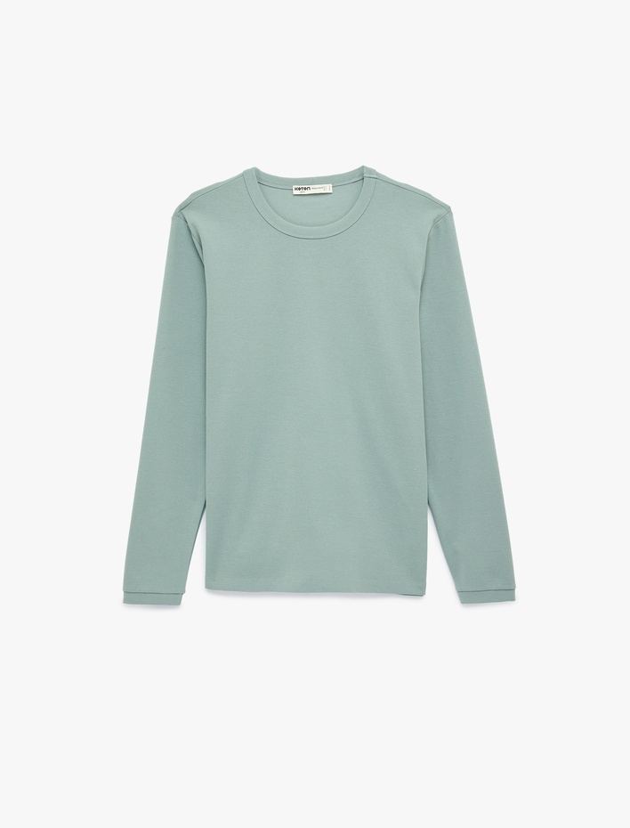  Regular Fit Ribanalı Renk Kontrastlı Pamuklu Bisiklet Yaka Uzun Kollu Tişört