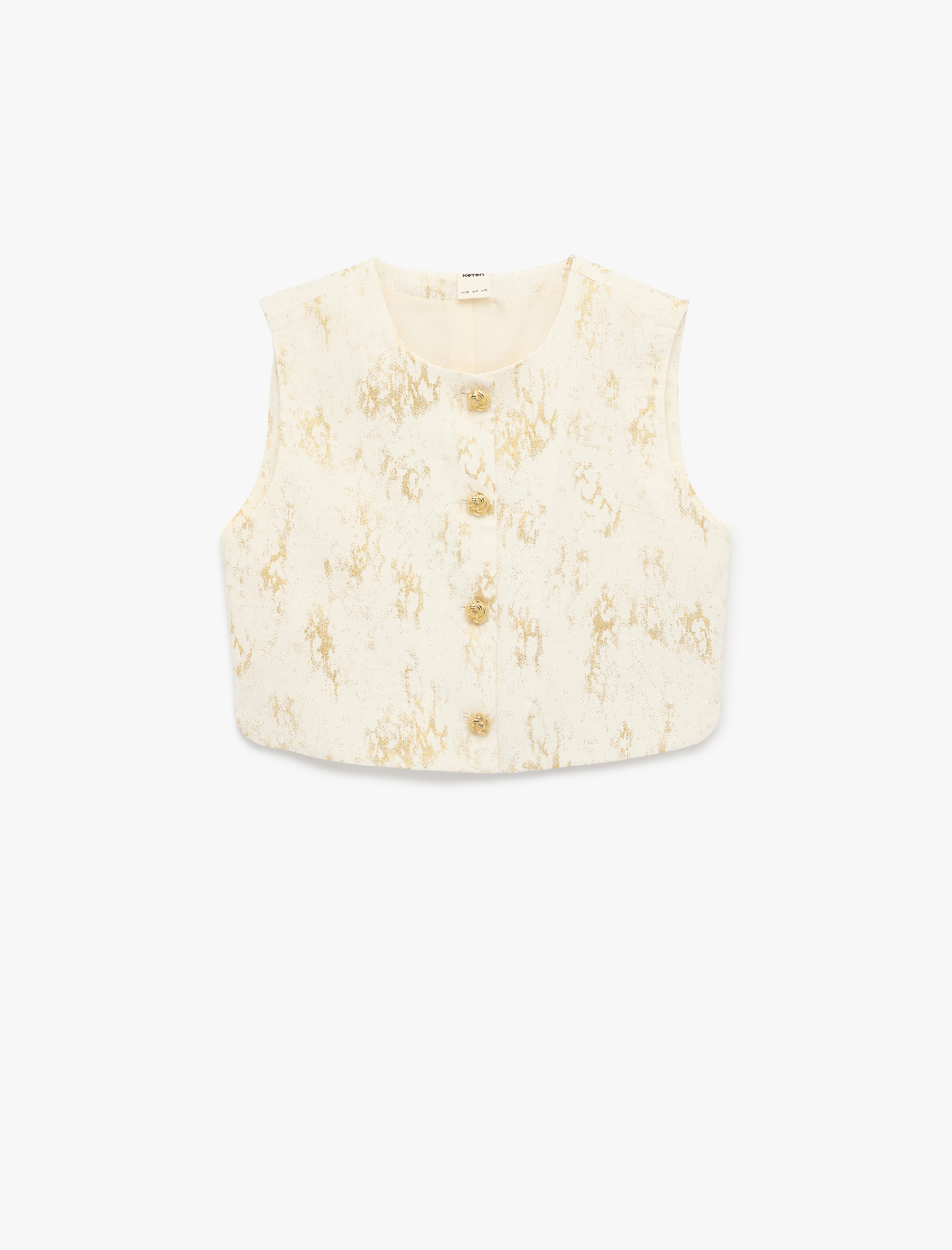   Pamuklu Düğmeli Bisiklet Yaka Parıltılı Crop Müslin Yelek