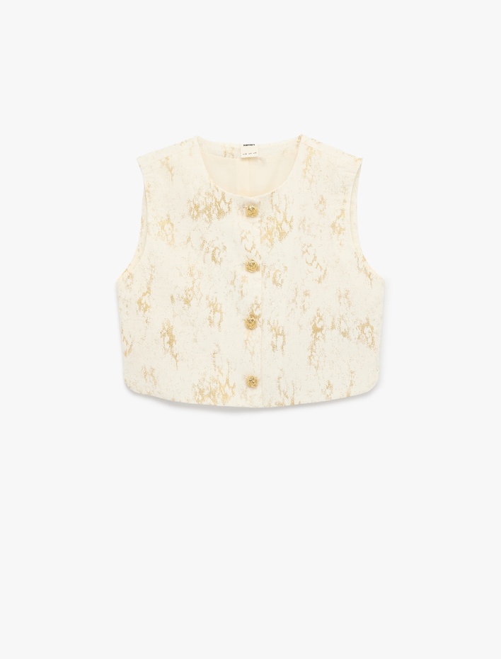  Pamuklu Düğmeli Bisiklet Yaka Parıltılı Crop Müslin Yelek