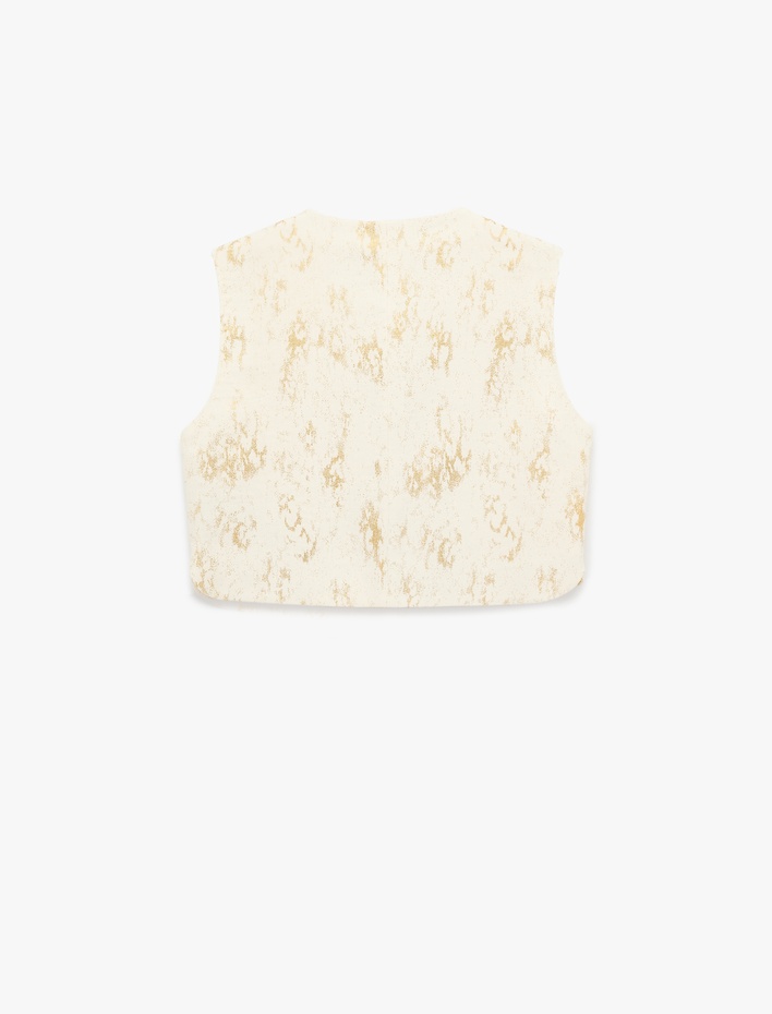  Pamuklu Düğmeli Bisiklet Yaka Parıltılı Crop Müslin Yelek