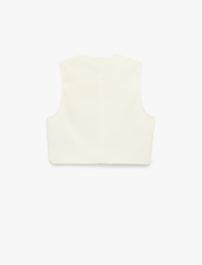  Keten Karışımlı Bisiklet Yaka Düğmeli Crop Yelek