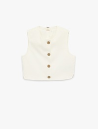 Keten Karışımlı Bisiklet Yaka Düğmeli Crop Yelek