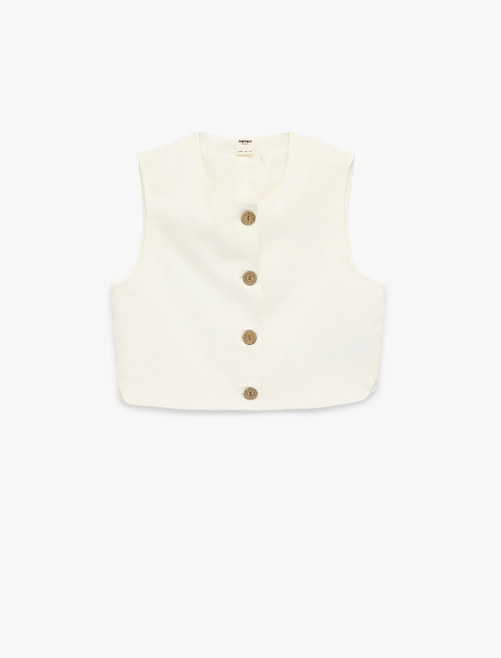  Keten Karışımlı Bisiklet Yaka Düğmeli Crop Yelek