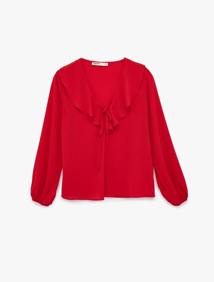  Uzun Kollu Bağcıklı V Yaka Volanlı Şifon Bluz