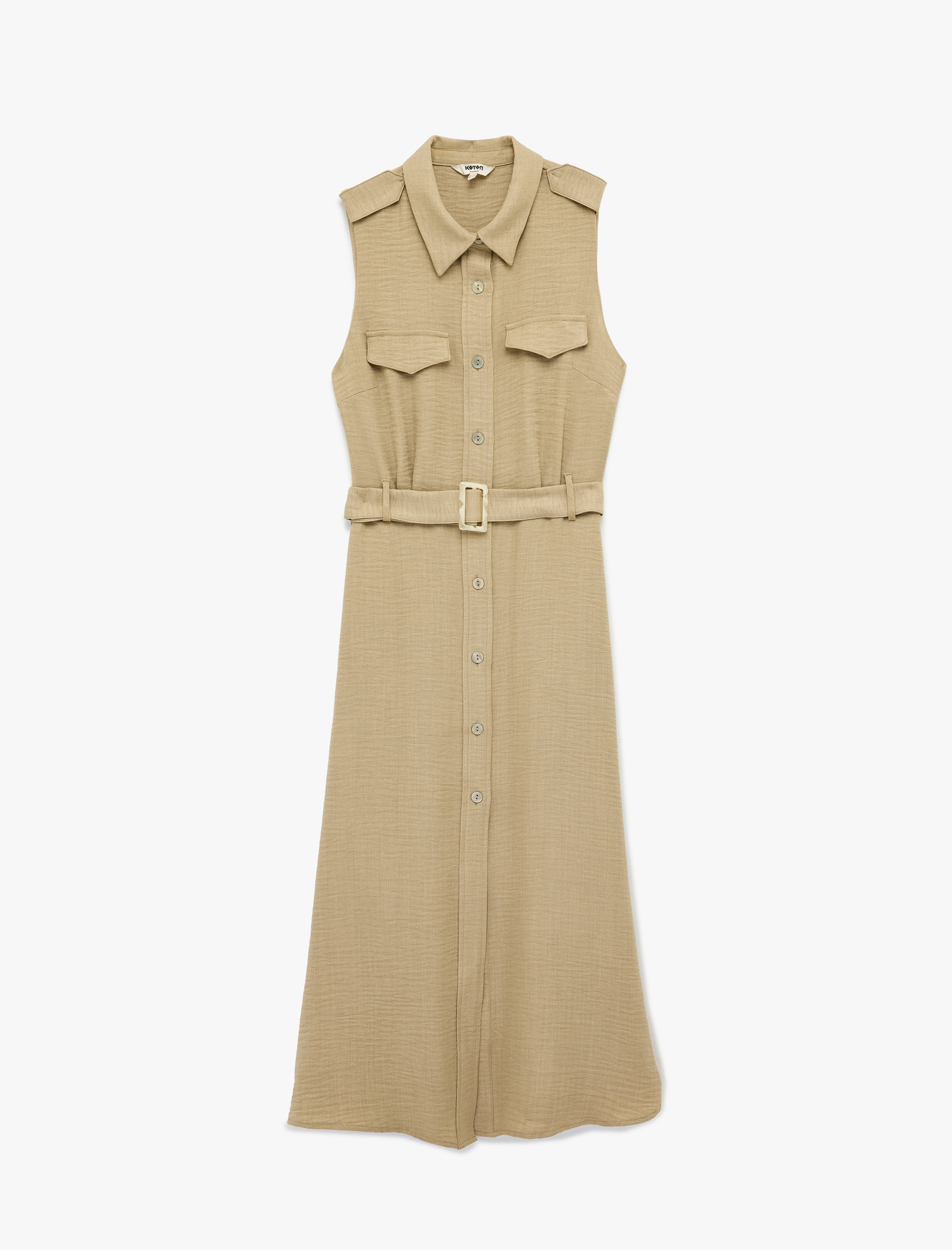   Kemer Detaylı Cepli Klasik Yaka Kolsuz Uzun Gömlek Elbise