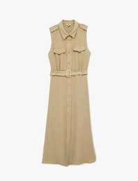 Kemer Detaylı Cepli Klasik Yaka Kolsuz Uzun Gömlek Elbise