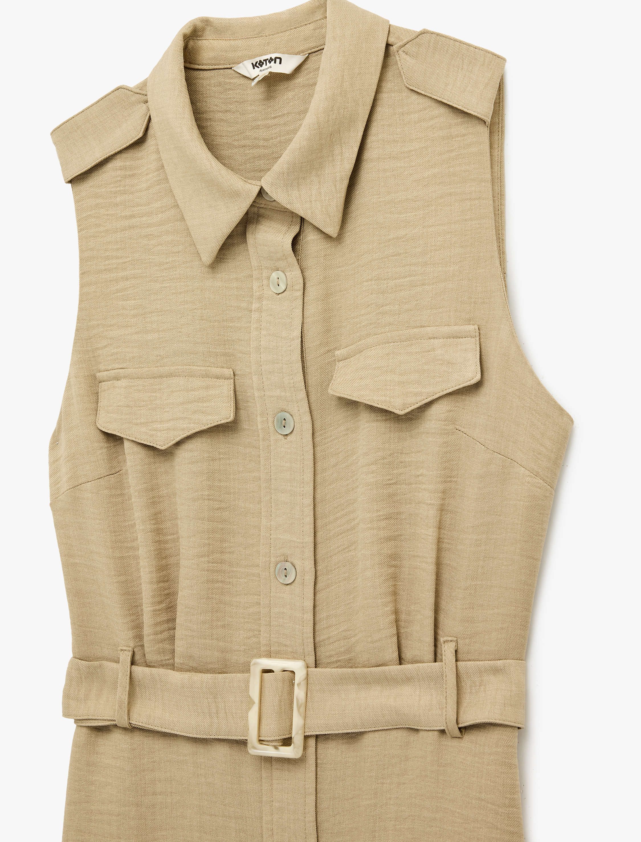   Kemer Detaylı Cepli Klasik Yaka Kolsuz Uzun Gömlek Elbise