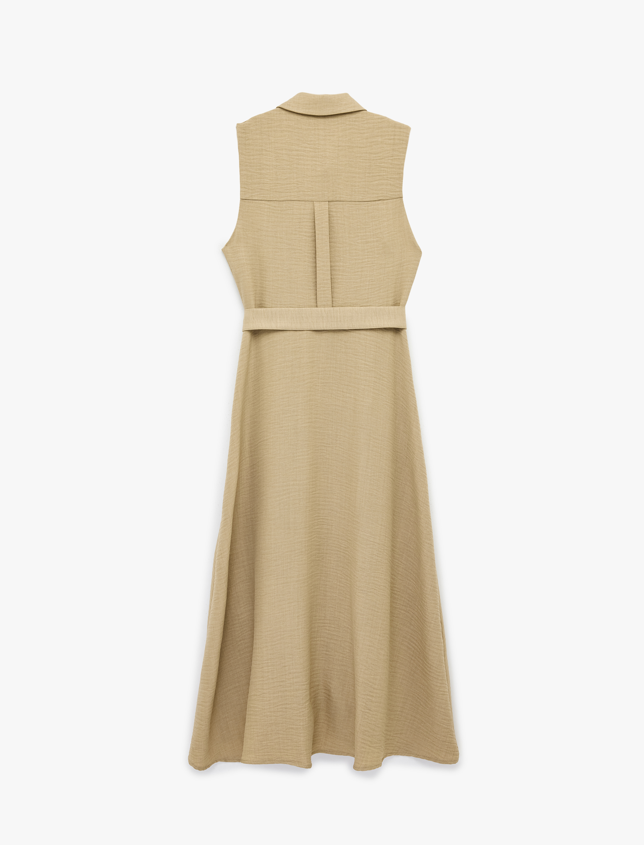   Kemer Detaylı Cepli Klasik Yaka Kolsuz Uzun Gömlek Elbise