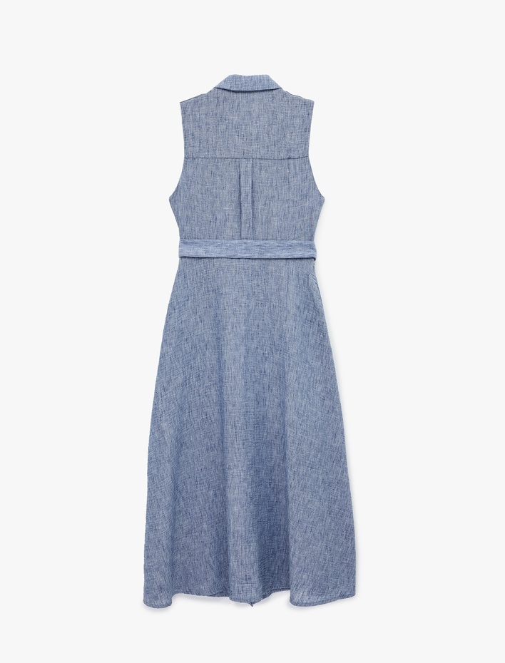  Kemerli Kolsuz Cep Detaylı Klasik Yaka Midi Gömlek Elbise