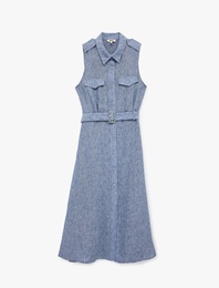 Kemerli Kolsuz Cep Detaylı Klasik Yaka Midi Gömlek Elbise