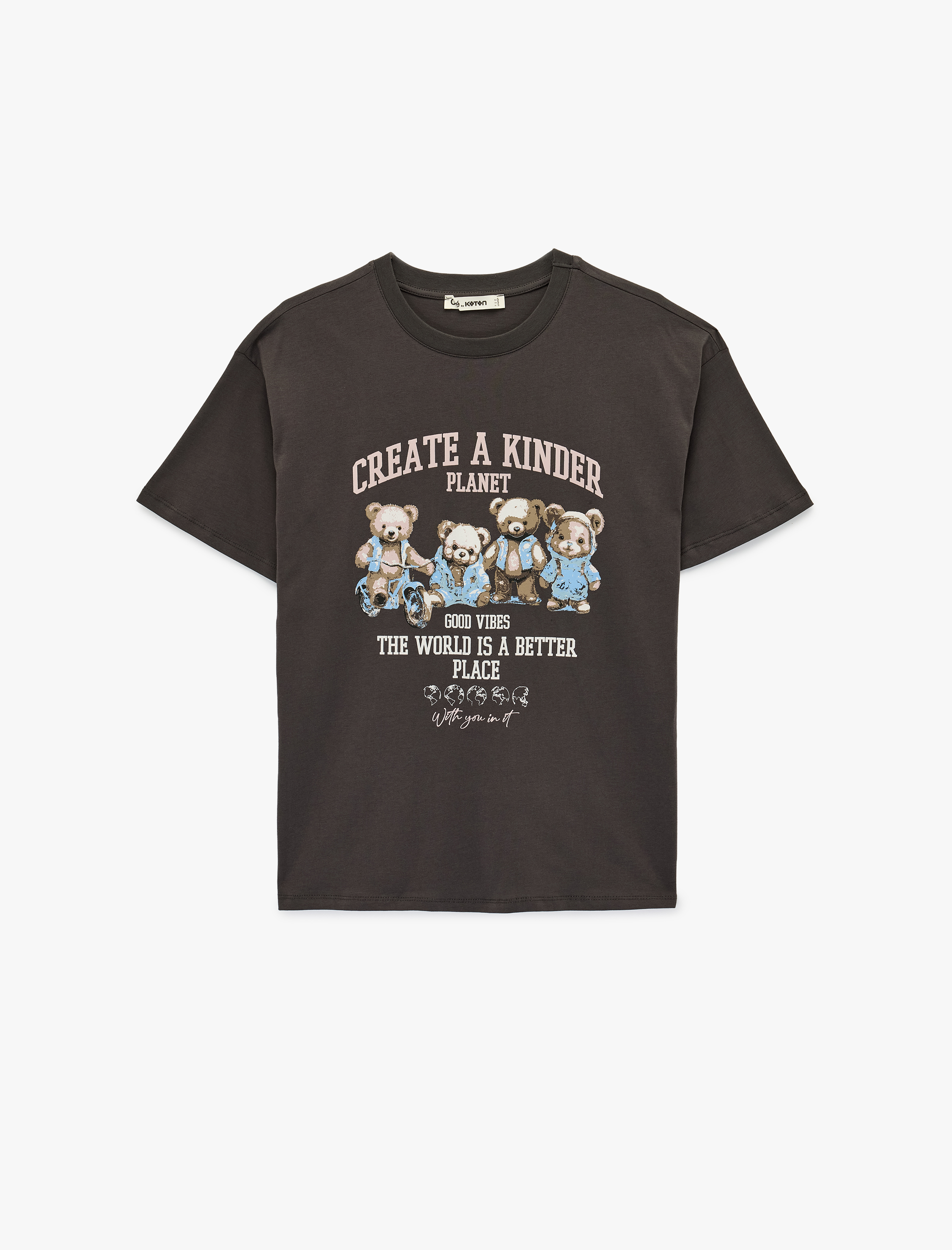   Oversize Kısa Kollu Bisiklet Yaka Ayıcık Baskılı Tişört