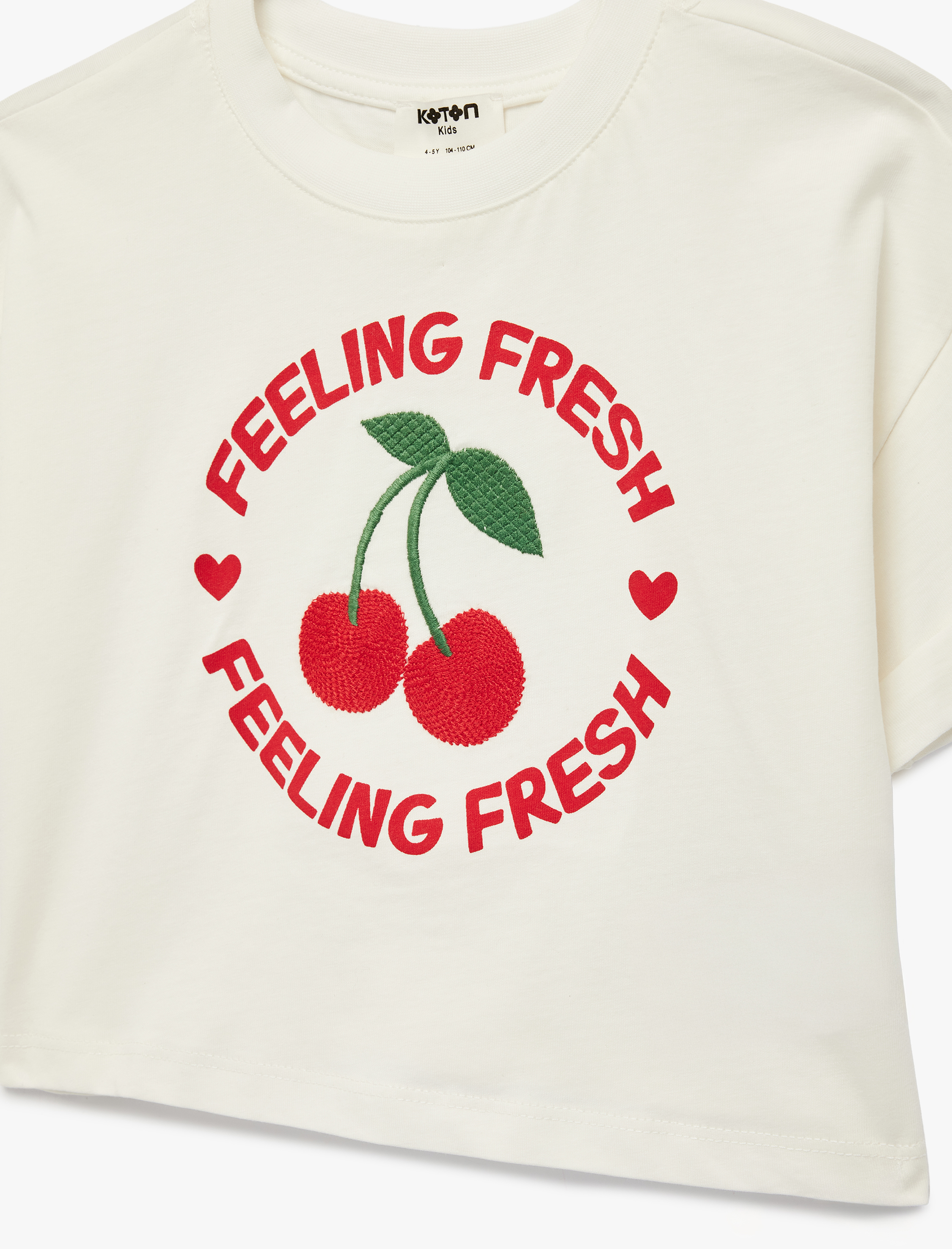  Kız Çocuk Kiraz Nakış Detaylı Kısa Kollu Bisiklet Yaka Pamuklu Tişört