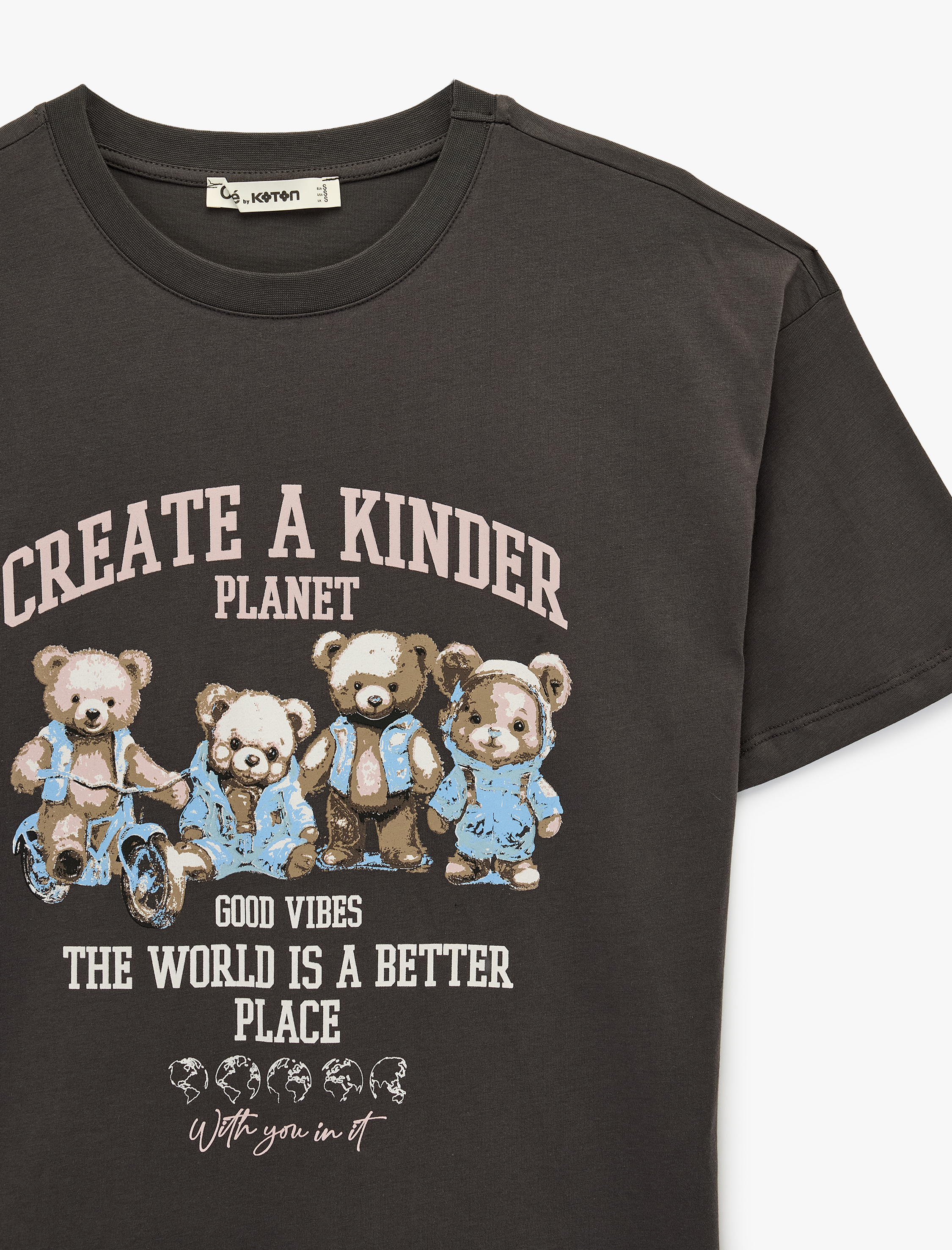   Oversize Kısa Kollu Bisiklet Yaka Ayıcık Baskılı Tişört