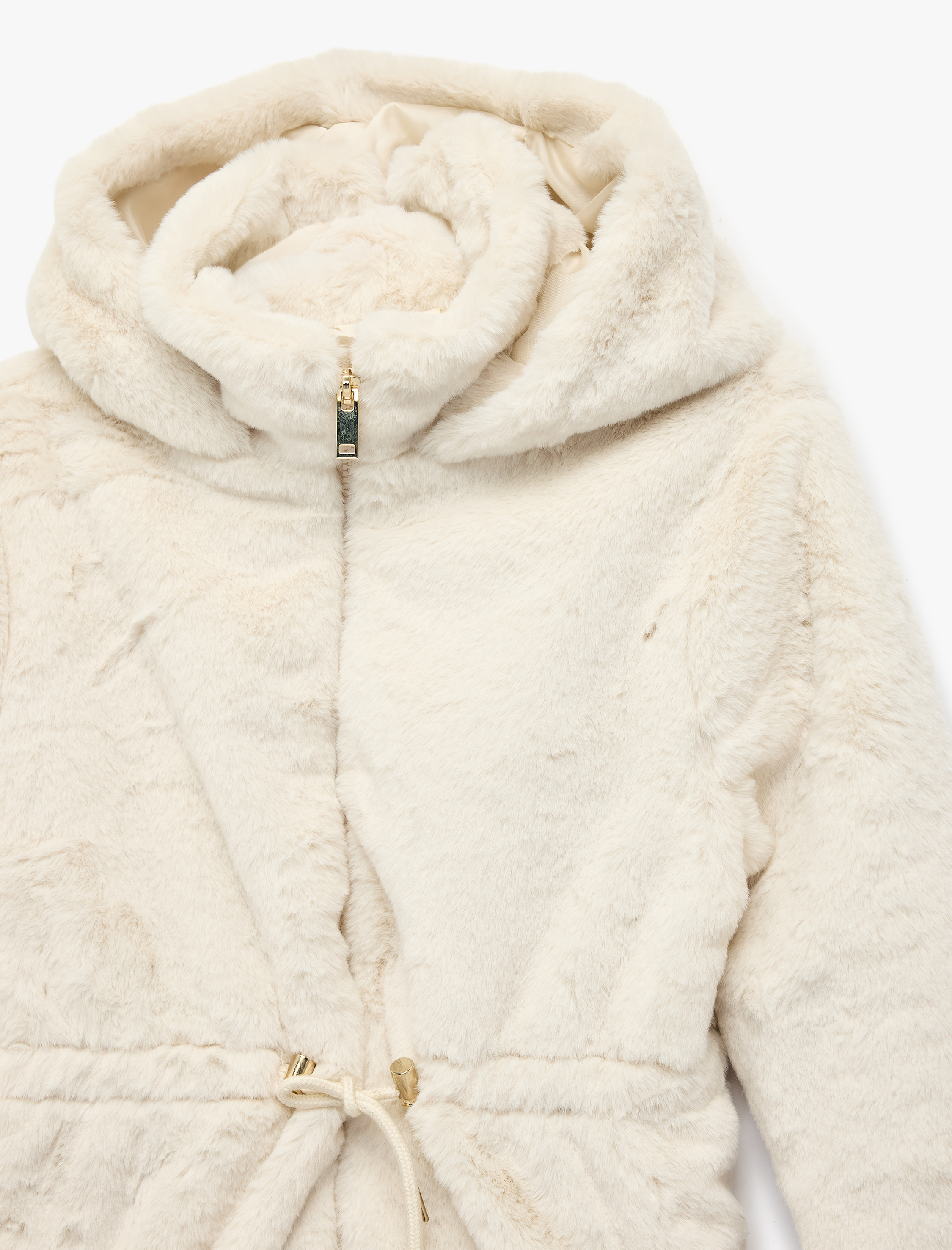  Kız Çocuk Uzun Kollu Cep Detaylı Kapüşonlu Peluş Kaban