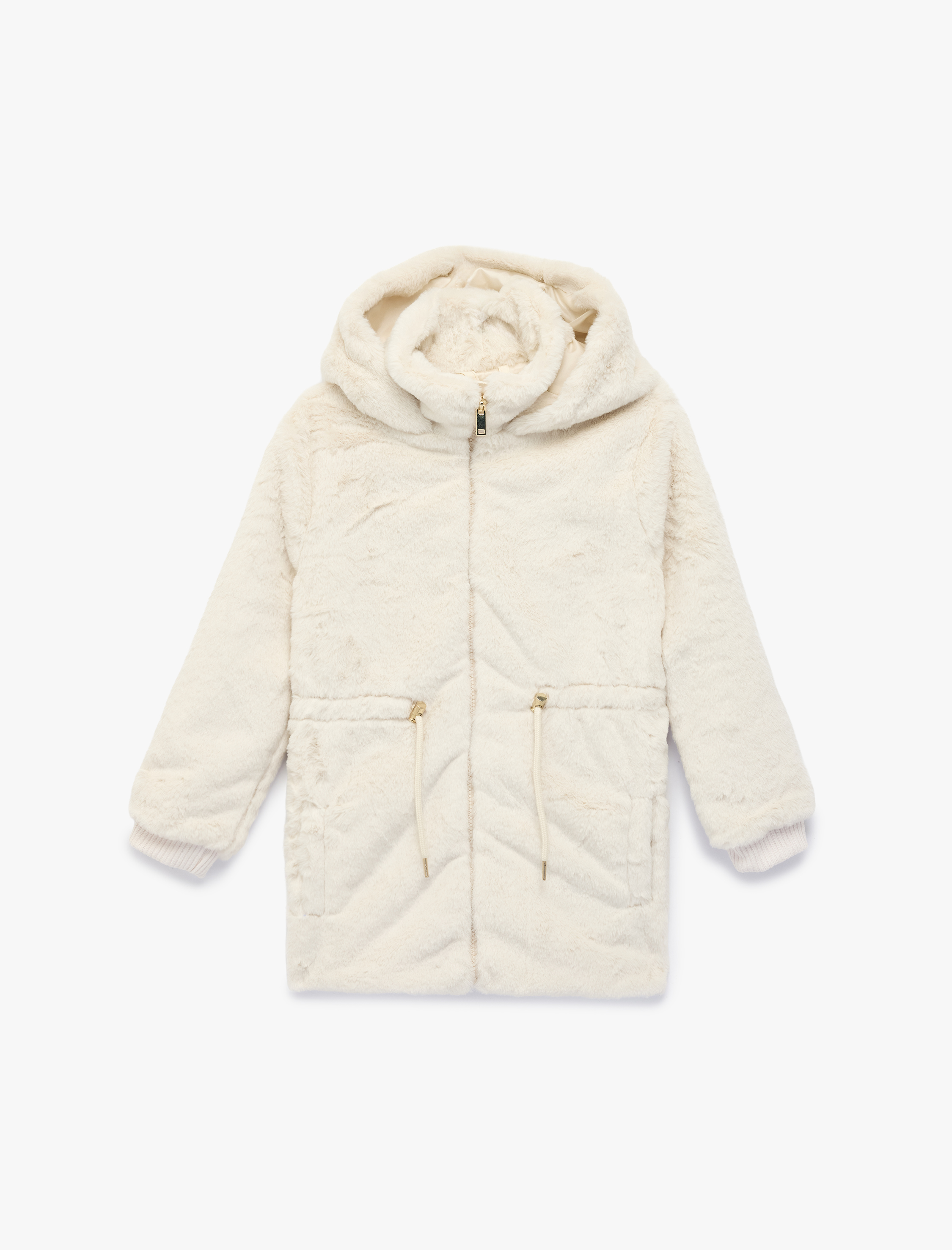  Kız Çocuk Uzun Kollu Cep Detaylı Kapüşonlu Peluş Kaban