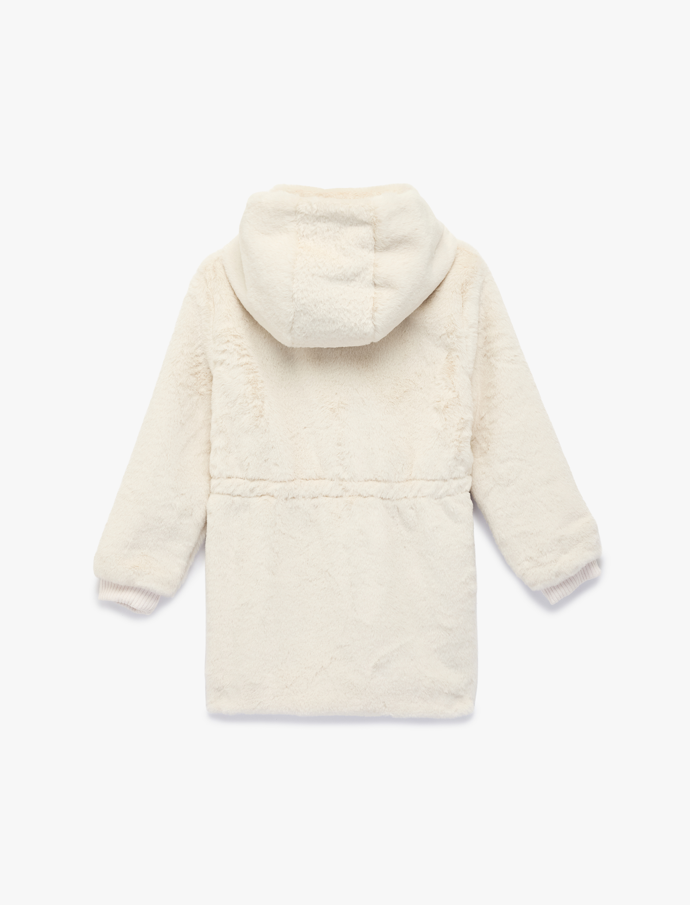  Kız Çocuk Uzun Kollu Cep Detaylı Kapüşonlu Peluş Kaban