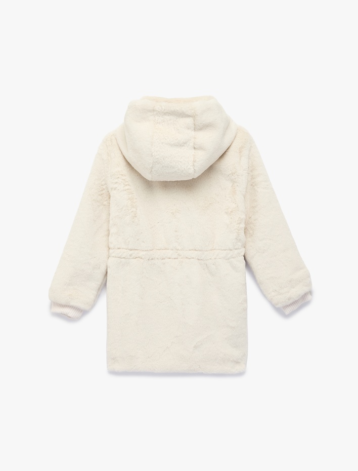 Kız Çocuk Uzun Kollu Cep Detaylı Kapüşonlu Peluş Kaban