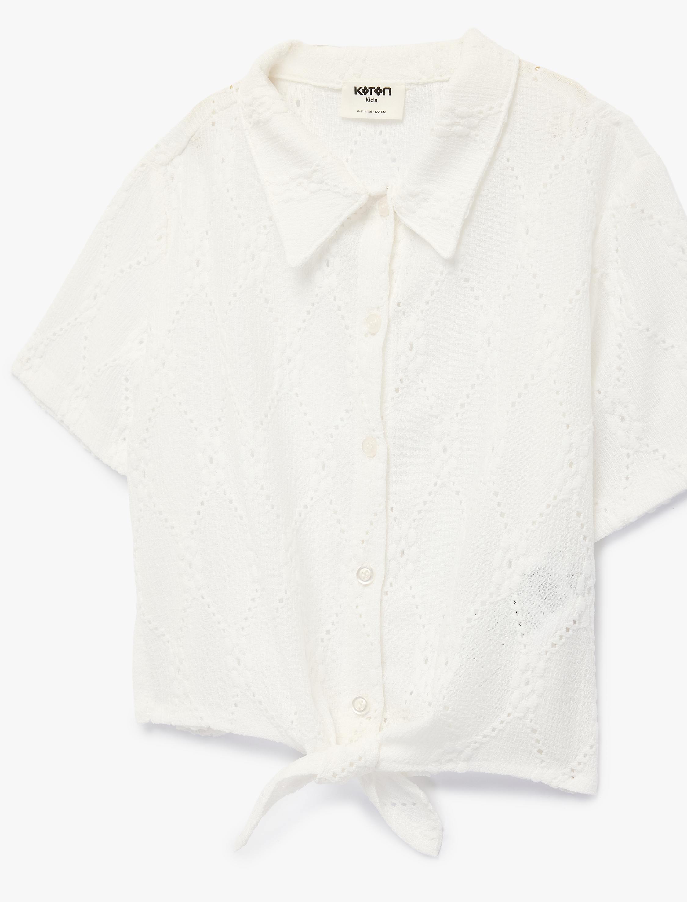  Kız Çocuk Bağlama Detaylı Düğmeli Kısa Kollu Pamuklu Gömlek Yaka Bluz