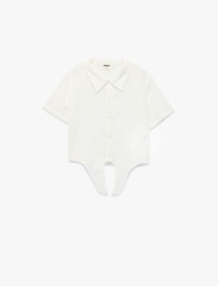 Bağlama Detaylı Düğmeli Kısa Kollu Pamuklu Gömlek Yaka Bluz