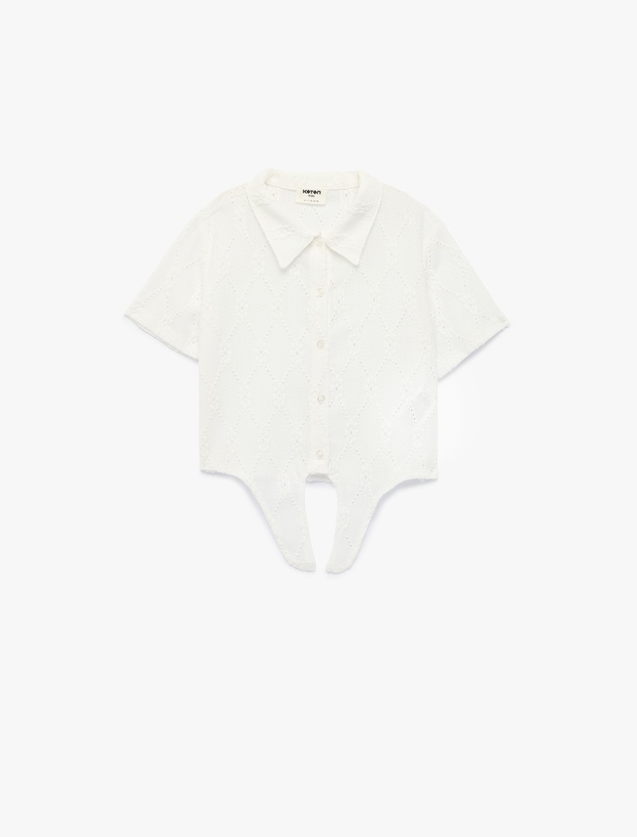 Kız Çocuk Bağlama Detaylı Düğmeli Kısa Kollu Pamuklu Gömlek Yaka Bluz