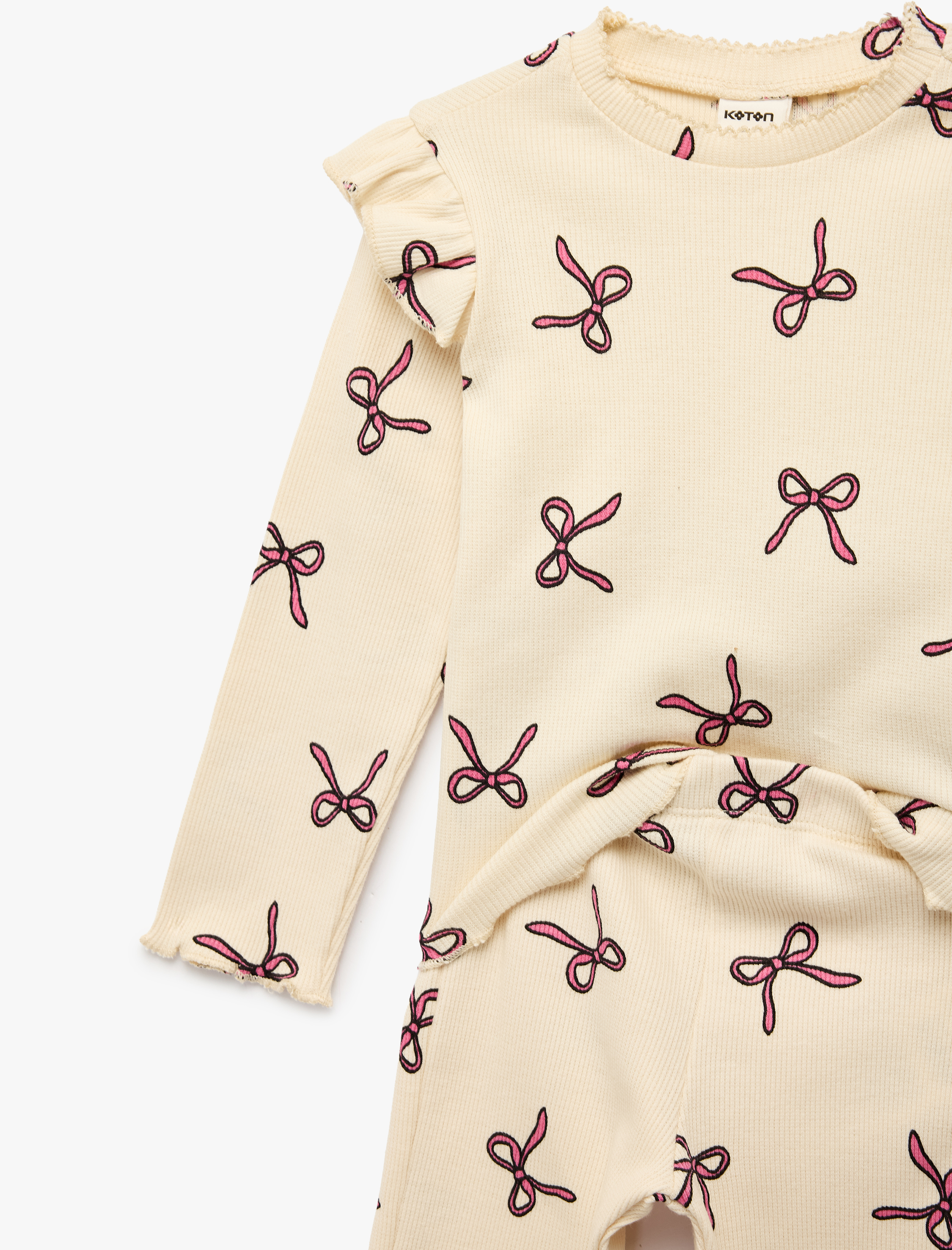  Kız Bebek Pamuklu Fiyonk Desenli Fırfırlı 2'li Takım