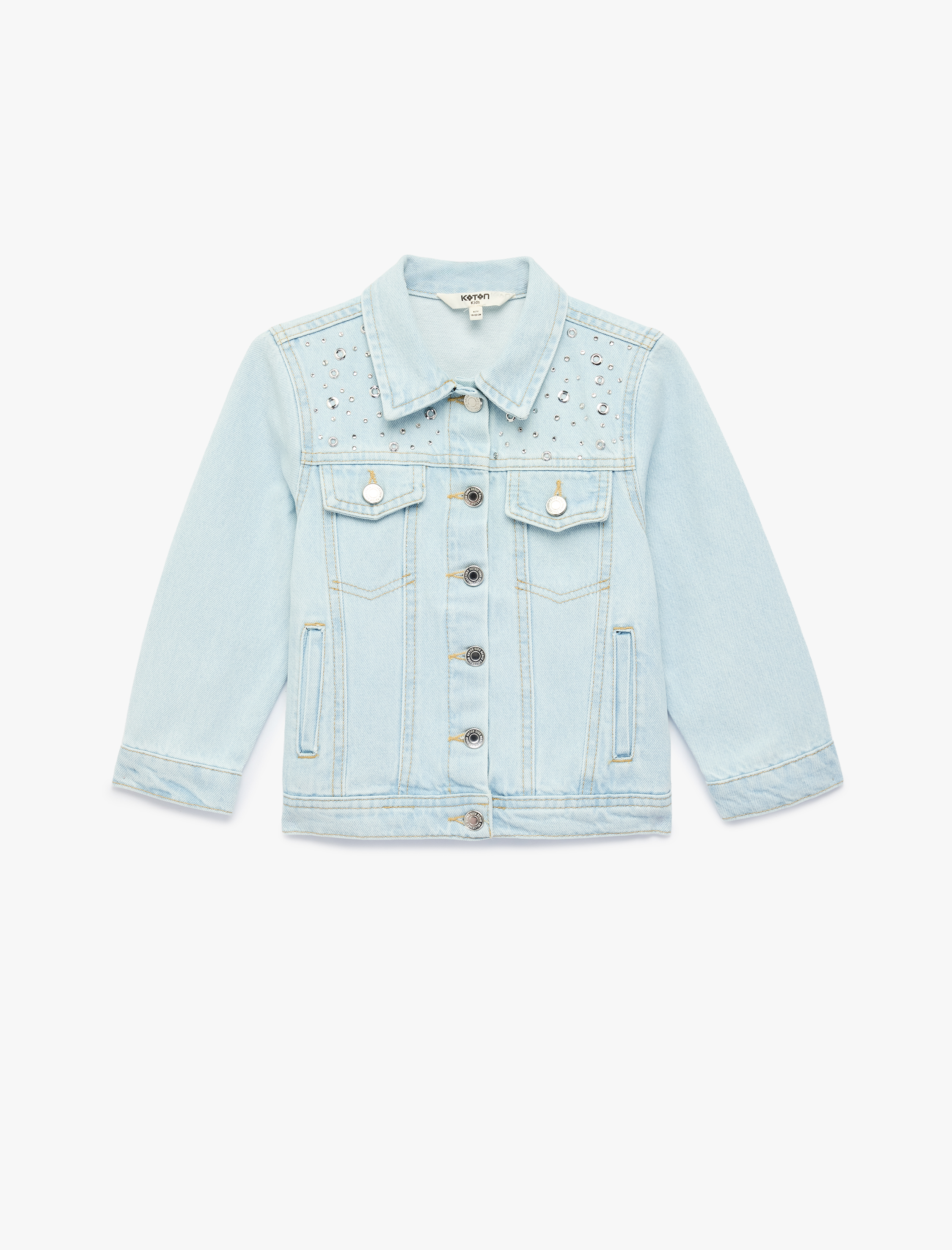  Kız Çocuk Pamuklu Taş Detaylı Uzun Kollu Gömlek Yaka Jean Ceket