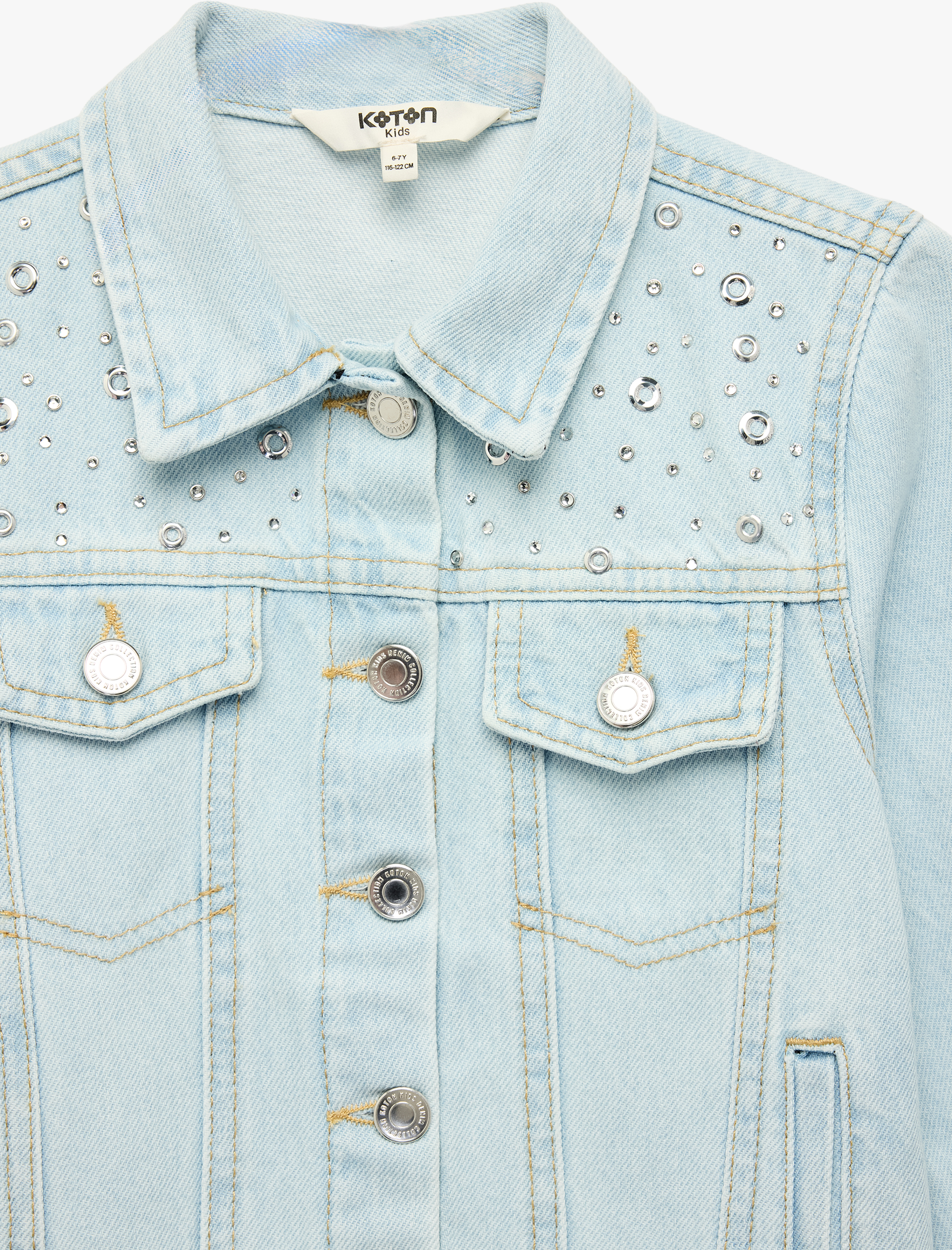  Kız Çocuk Pamuklu Taş Detaylı Uzun Kollu Gömlek Yaka Jean Ceket