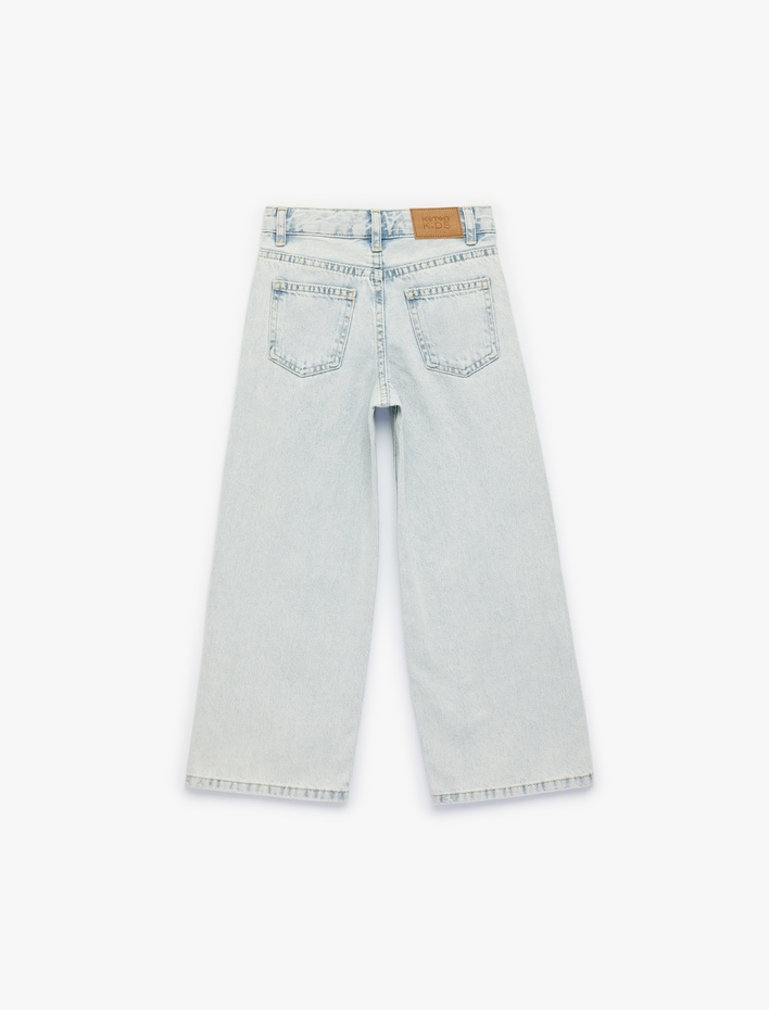 Kız Çocuk Pamuklu Cepli Geniş Paça Denim Pantolon