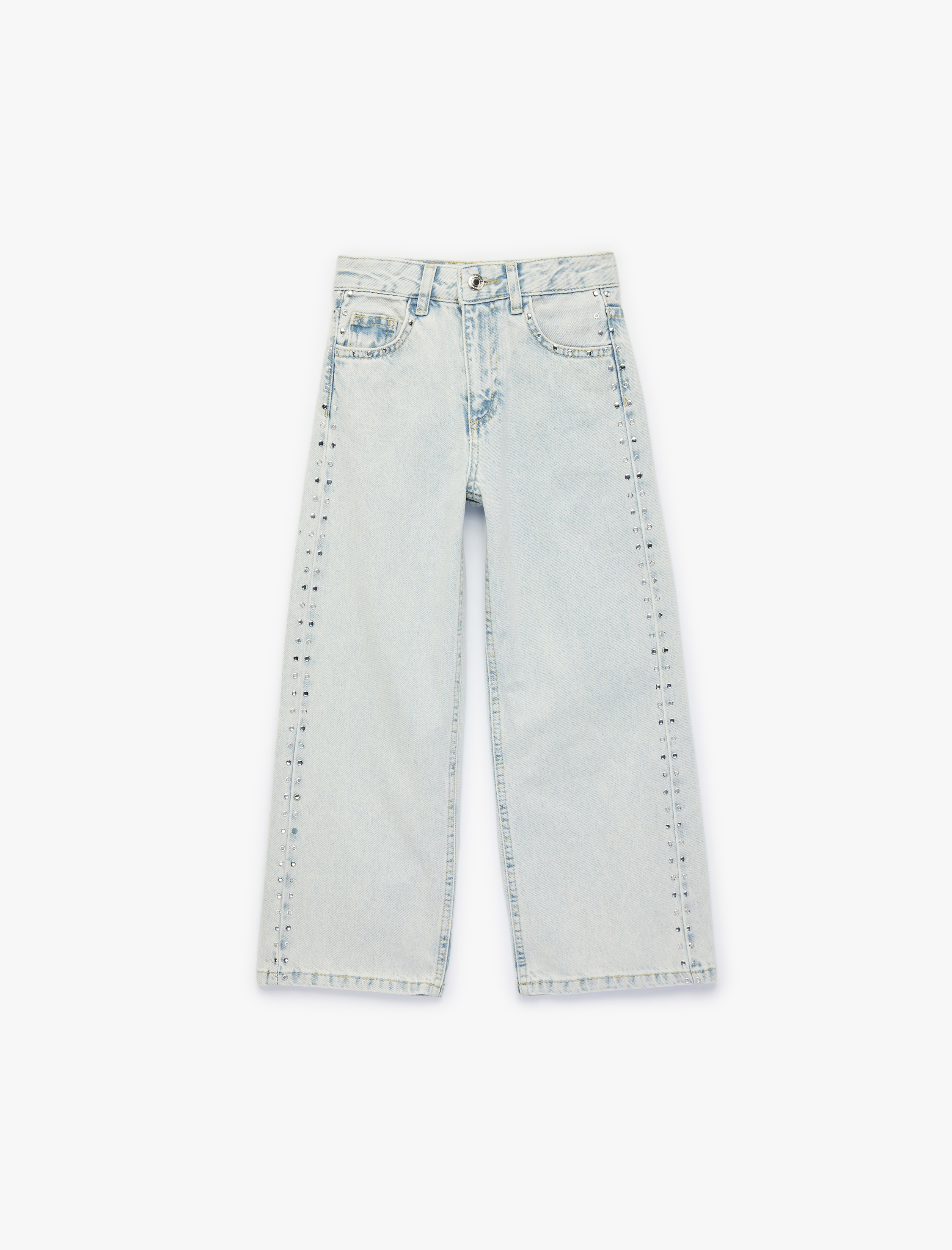  Kız Çocuk Pamuklu Cepli Geniş Paça Denim Pantolon