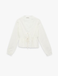 Uzun Kollu V Yaka Fiyonklu Bağlama Detaylı Fisto Bluz