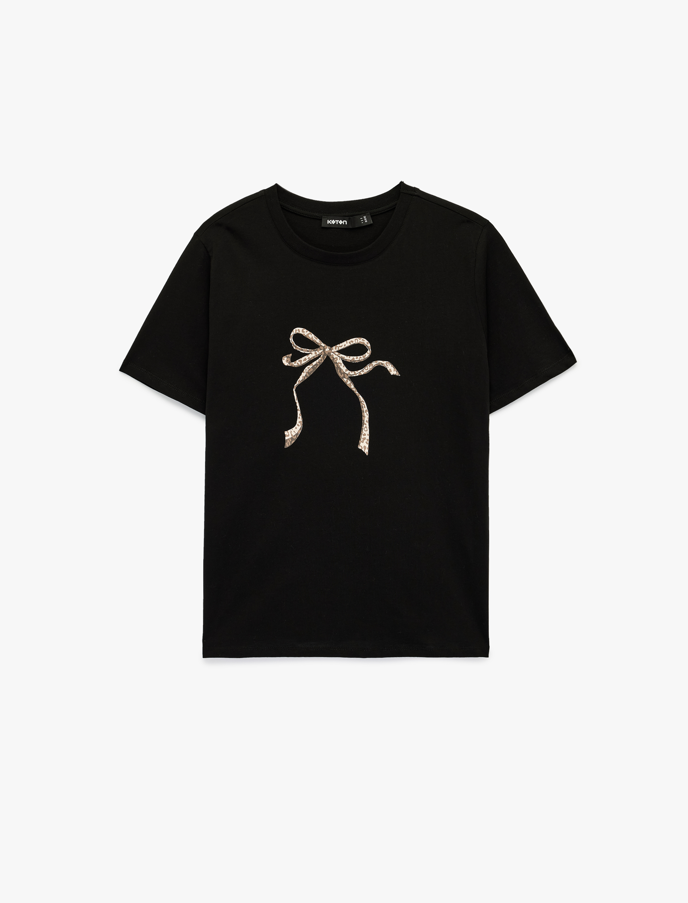   Kısa Kollu Bisiklet Yaka Leopar Desenli Fiyonk Baskılı Tişört