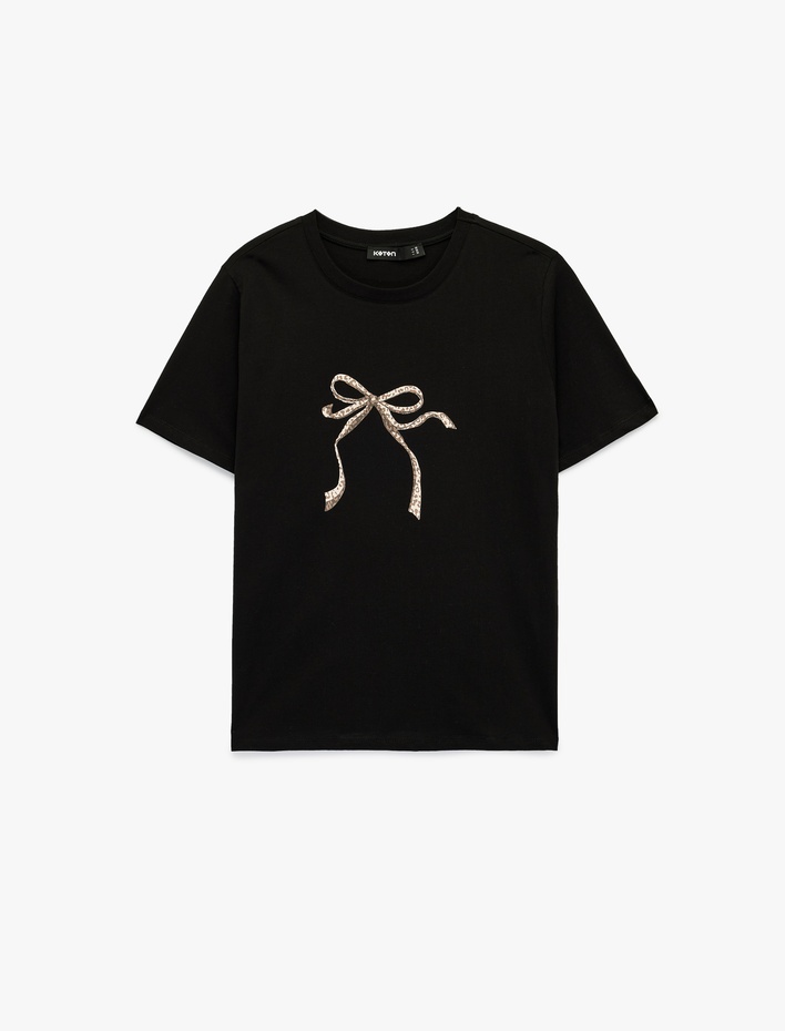  Kısa Kollu Bisiklet Yaka Leopar Desenli Fiyonk Baskılı Tişört