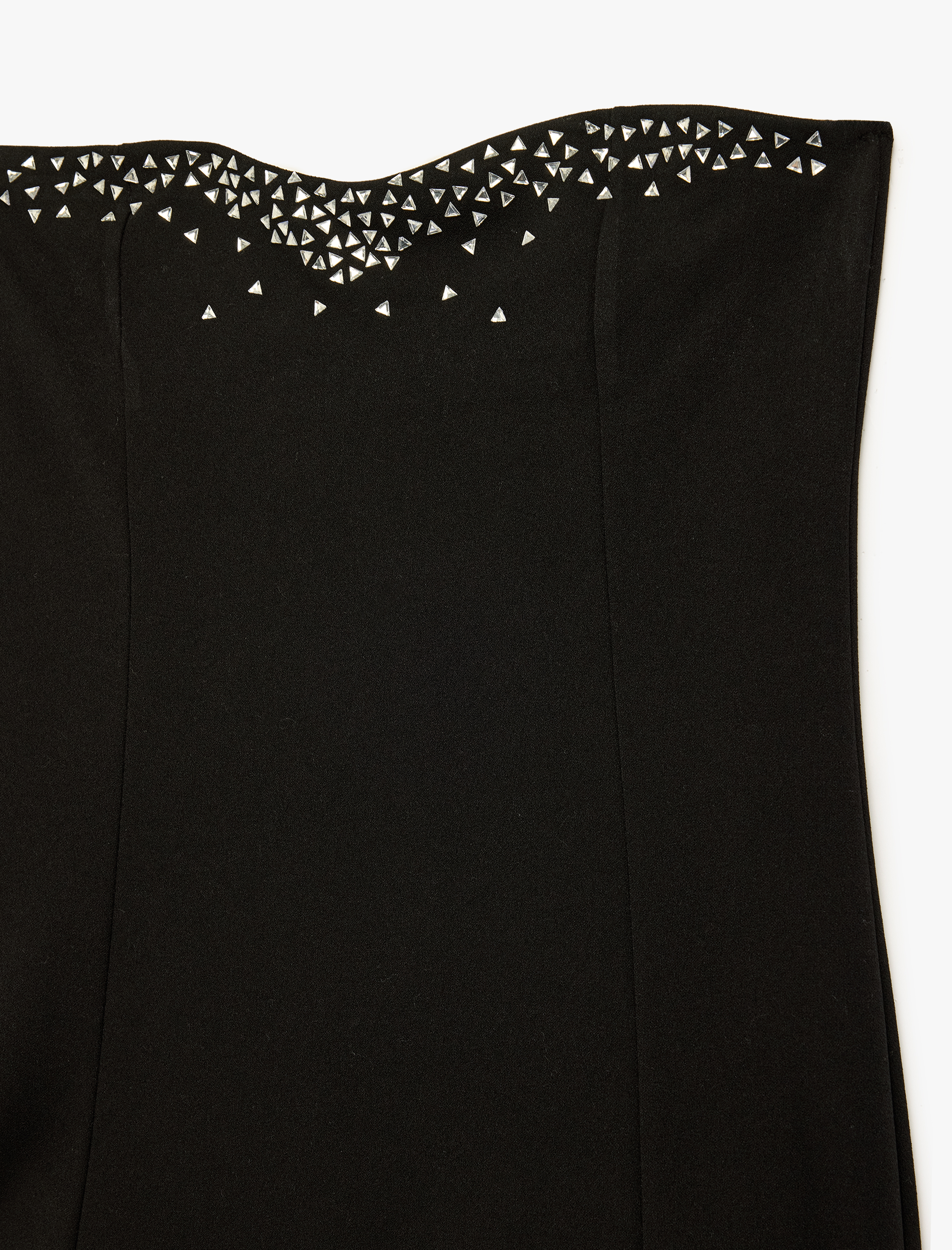   Scuba Kumaş Tül Detaylı Taşlı Straplez Elbise