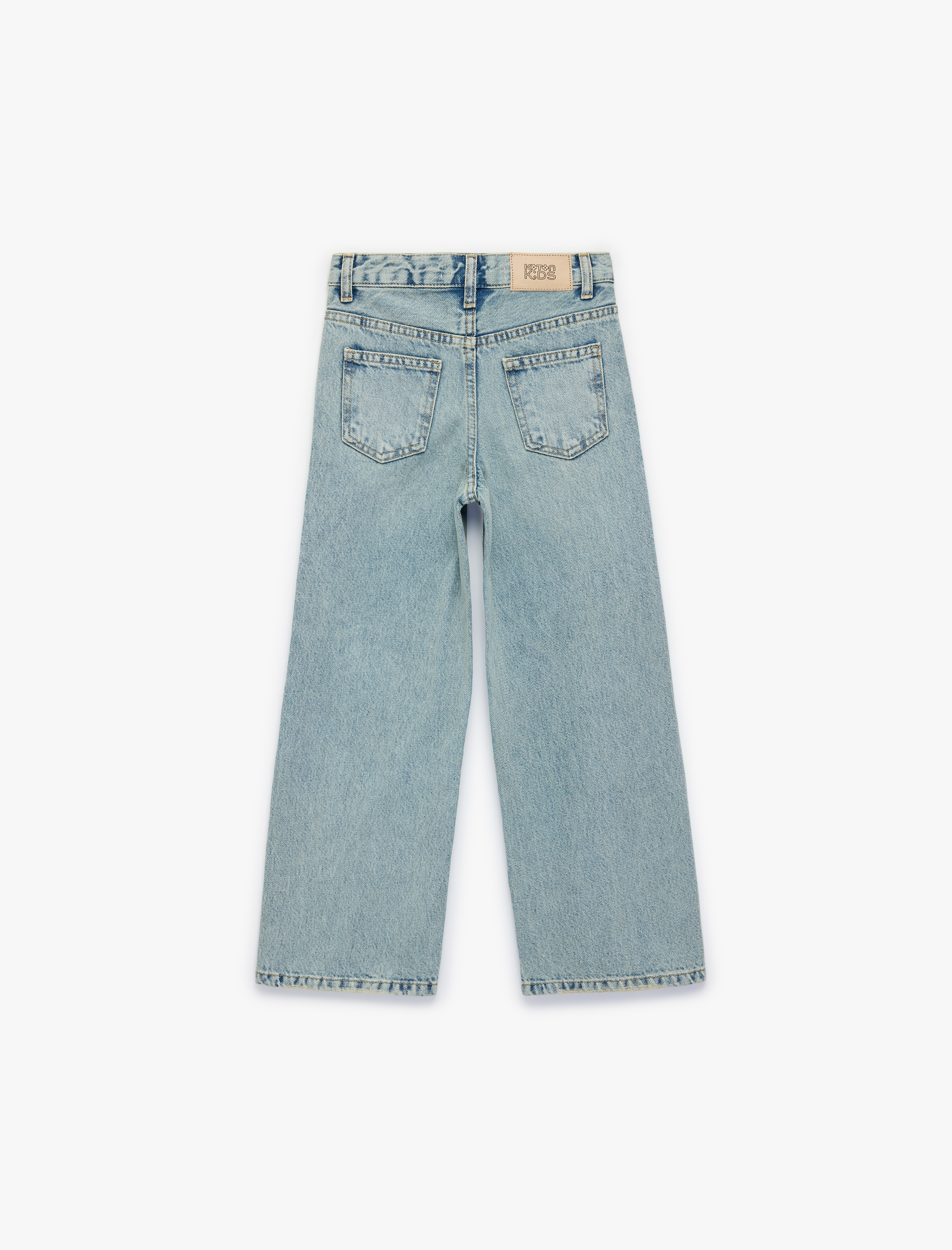  Kız Çocuk Pamuklu Cepli Geniş Paça Denim Pantolon