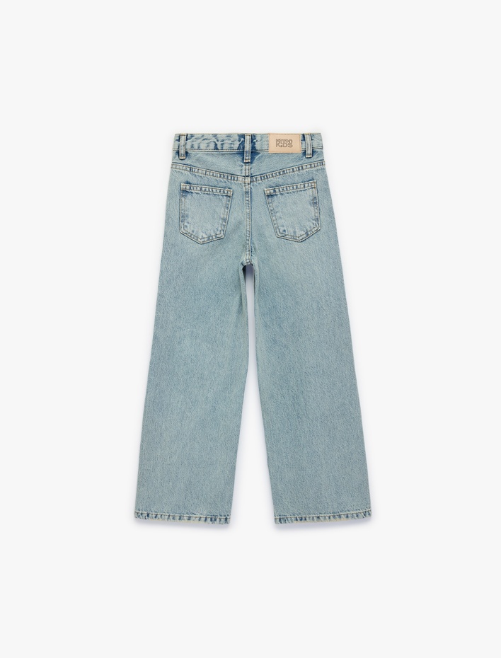 Kız Çocuk Pamuklu Cepli Geniş Paça Denim Pantolon
