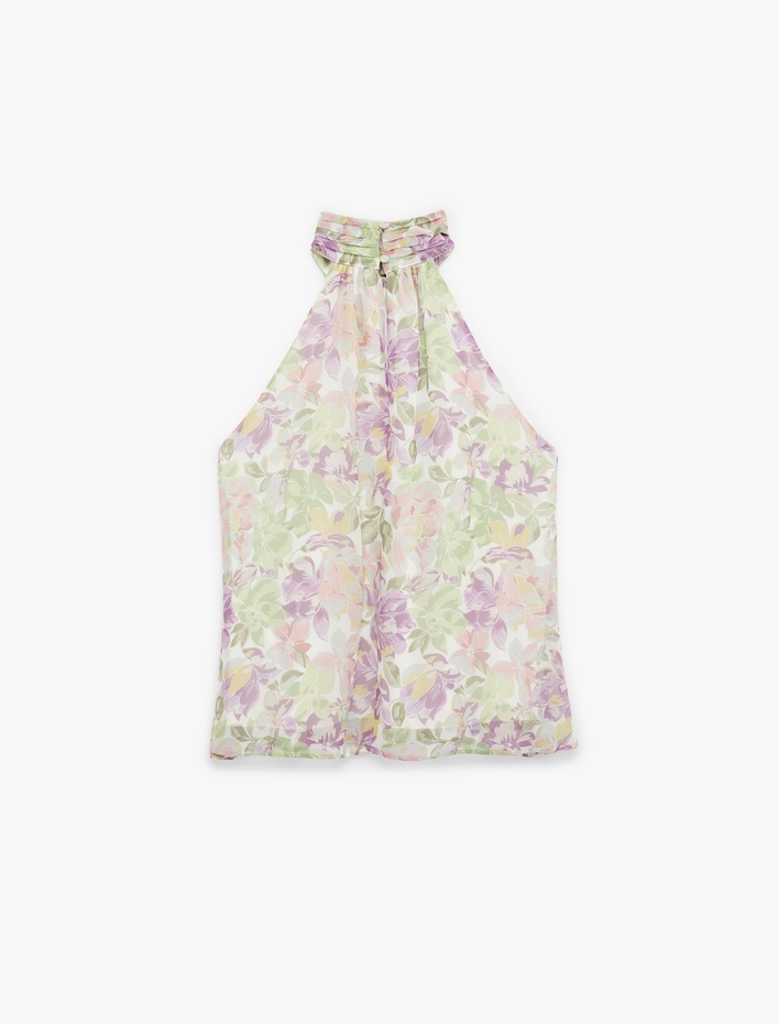  Kolsuz Halter Yaka Çiçekli Şifon Bluz