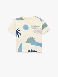 Baskılı Kısa Kollu Bisiklet Yaka Pamuklu Tişört