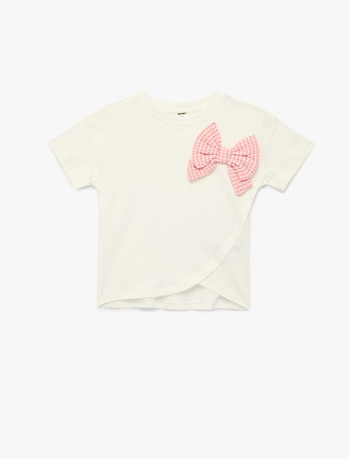 Kız Bebek Pamuklu Kısa Kollu Bisiklet Yaka Fiyonklu Tişört