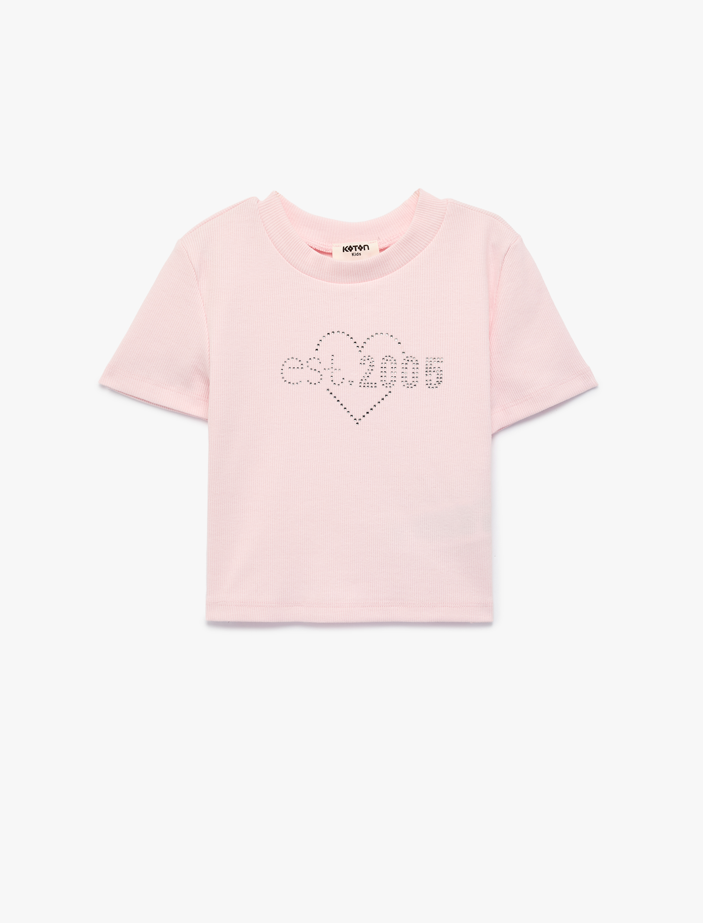  Kız Çocuk Pamuklu Kısa Kollu Taş Detaylı Bisiklet Yaka Tişört