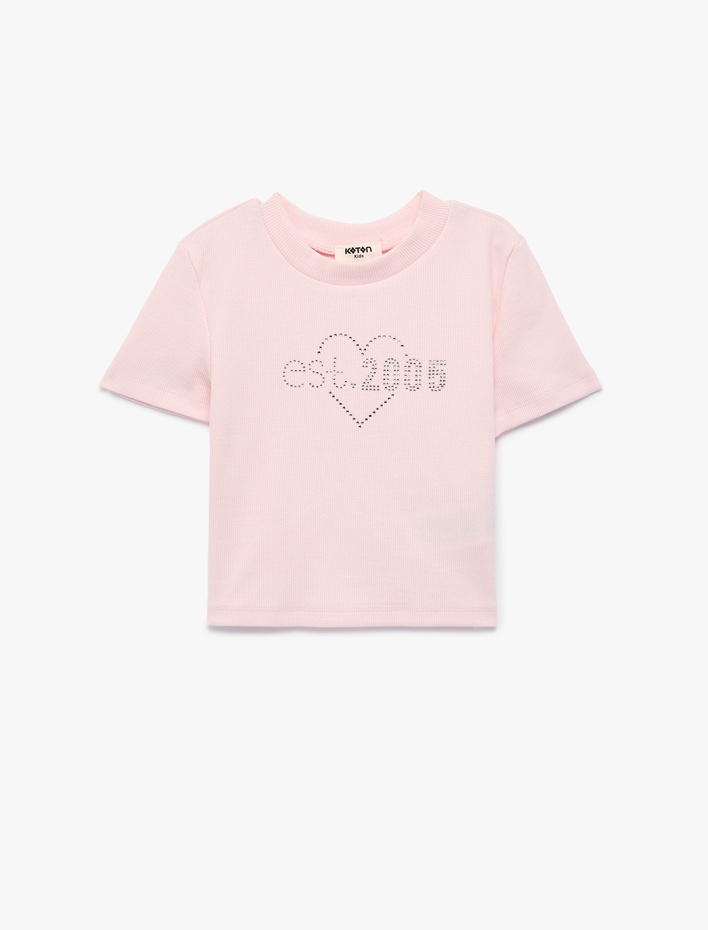 Kız Çocuk Pamuklu Kısa Kollu Taş Detaylı Bisiklet Yaka Tişört