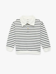 Uzun Kollu Pamuklu Düğme Detaylı Çizgili Polo Yaka Sweatshirt