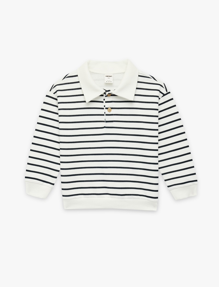 Erkek Bebek Uzun Kollu Pamuklu Düğme Detaylı Çizgili Polo Yaka Sweatshirt