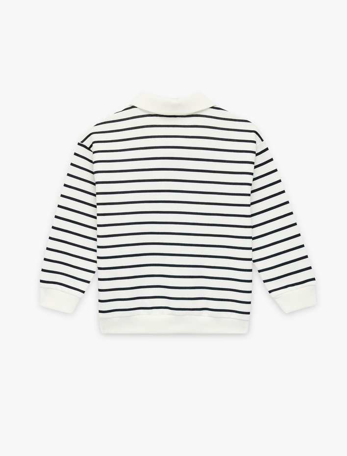 Erkek Bebek Uzun Kollu Pamuklu Düğme Detaylı Çizgili Polo Yaka Sweatshirt