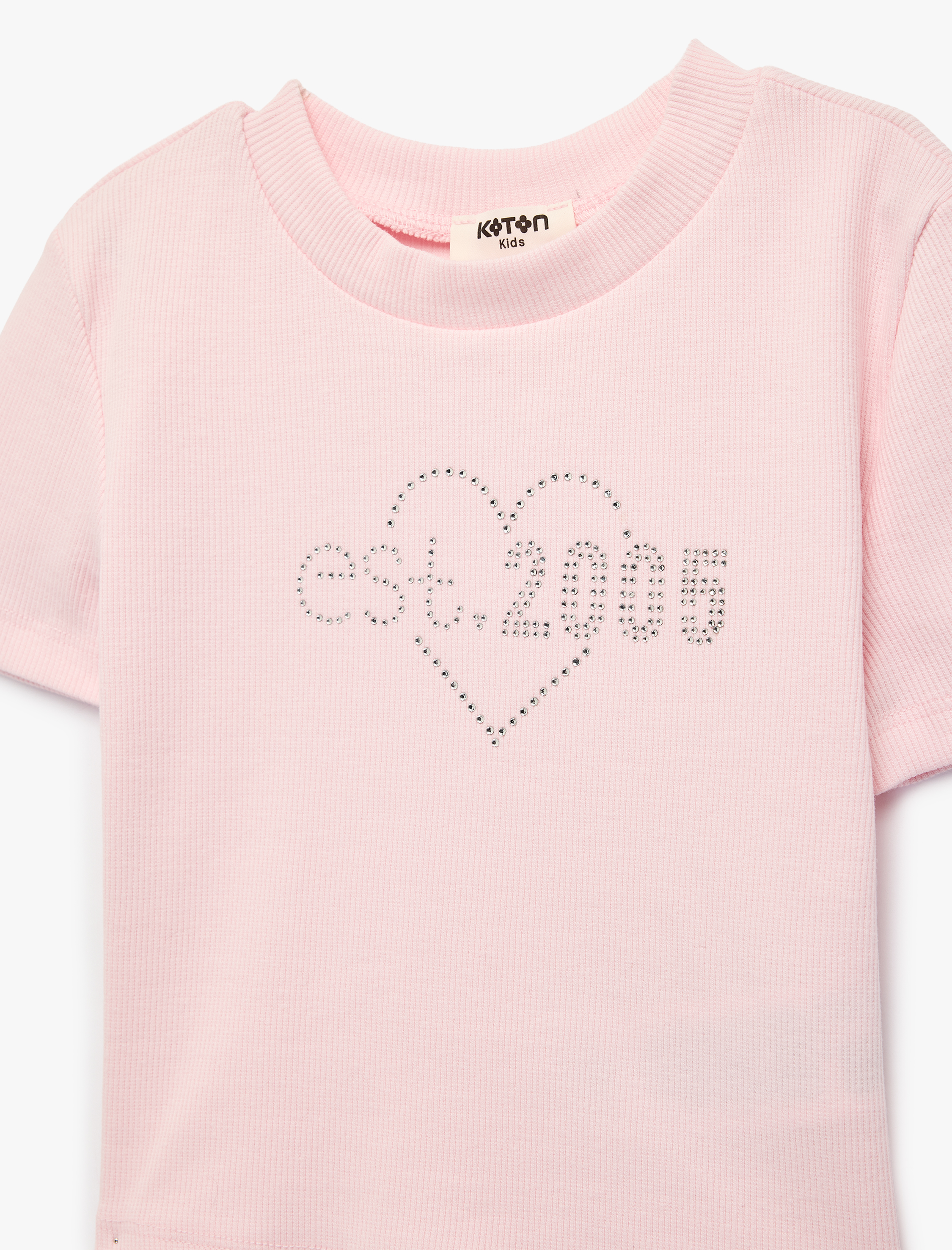  Kız Çocuk Pamuklu Kısa Kollu Taş Detaylı Bisiklet Yaka Tişört