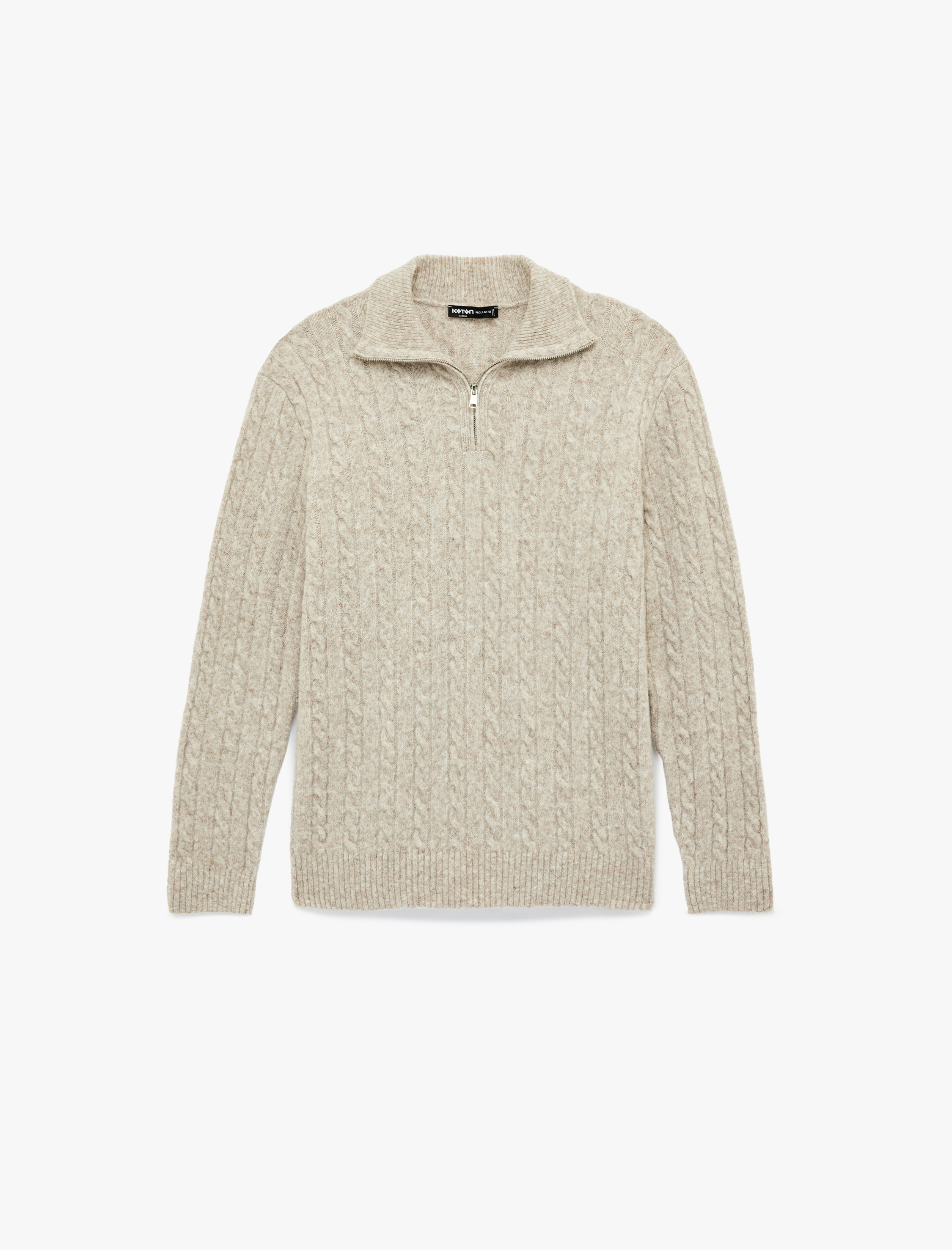   Uzun Kollu Saç Örgü Dokulu Yarım Fermuarlı Triko Kazak