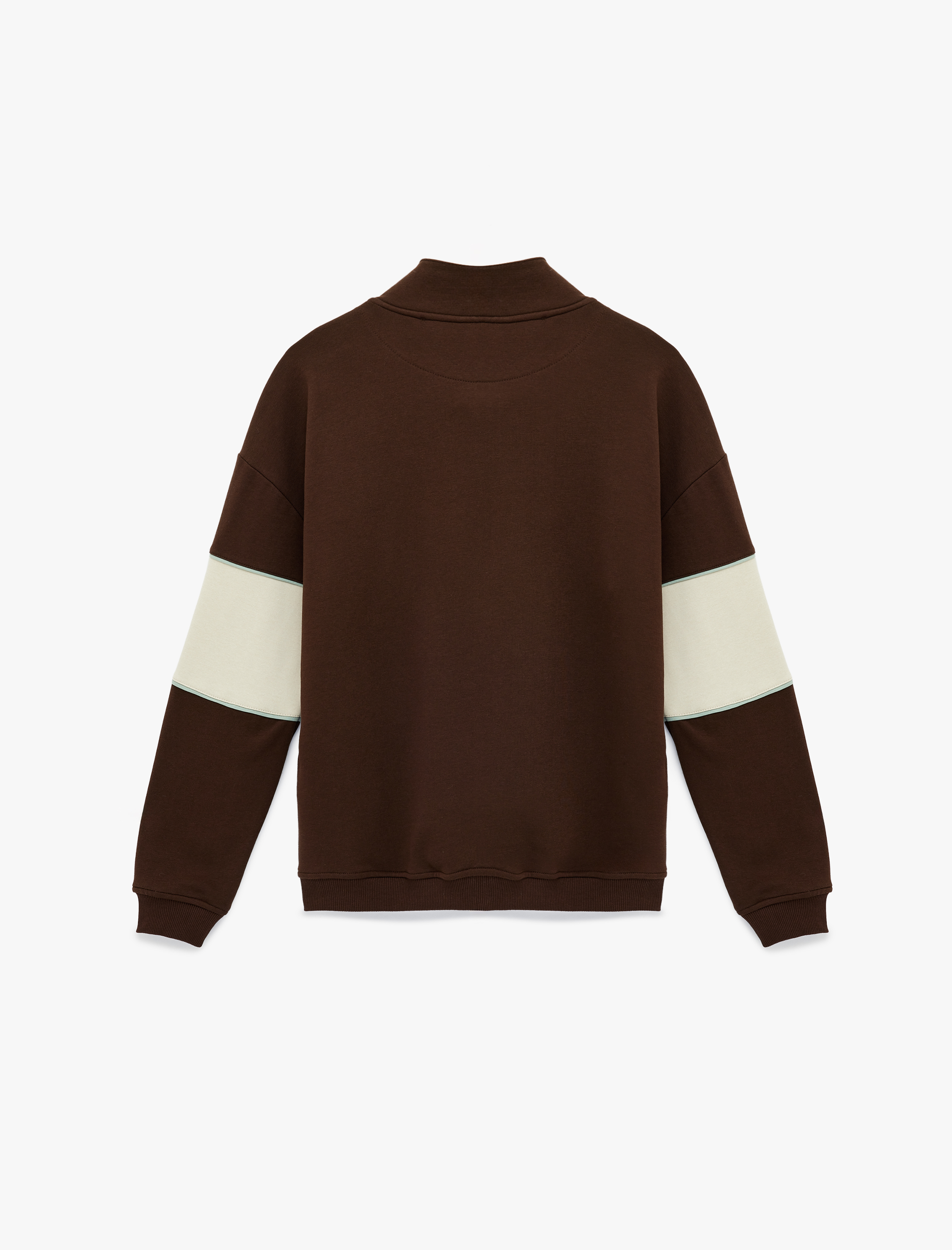   Oversize Şardonlu Renk Bloklu Kolej Baskılı Yarım Fermuarlı Sweatshirt