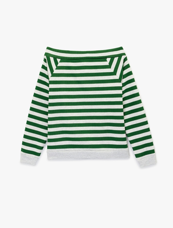  Rahat Kalıp Uzun Kollu Çizgili Kayık Yaka Baskılı Sweatshirt