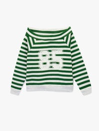 Rahat Kalıp Uzun Kollu Çizgili Kayık Yaka Baskılı Sweatshirt