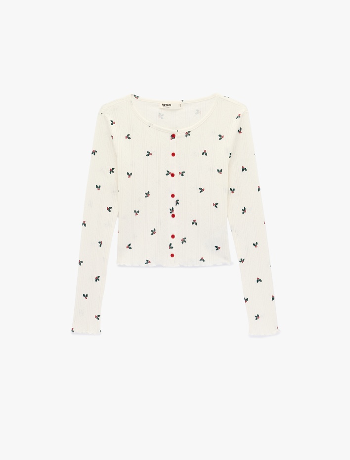  Pamuklu Uzun Kollu Bisiklet Yaka Desenli Crop Pijama Üstü