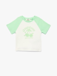 Pamuklu Kısa Kollu Bisiklet Yaka Kiraz Baskılı Tişört